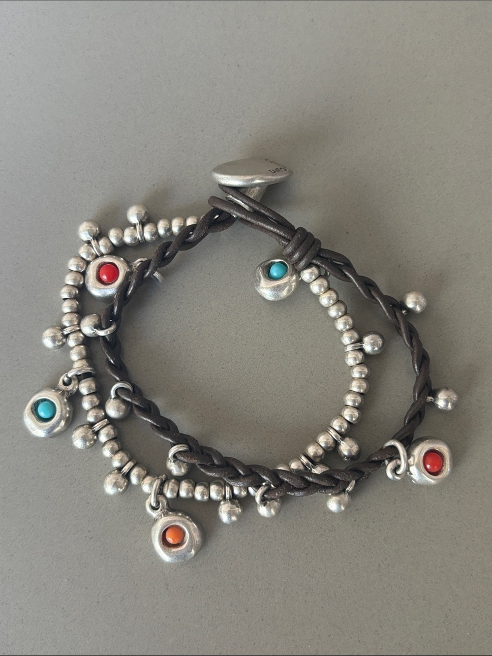 UNOde50 Multi Strand Brown Leather Silver Beaded Bracelet Multicolor Stones Boho